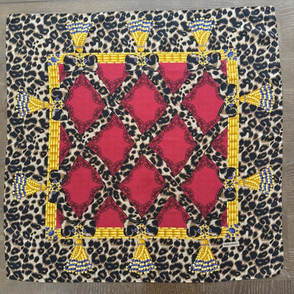 Valentino Leopard & Red Silk-Effect Decorative Silk Scarf